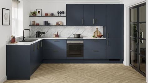 Shop Greenwich Marine Blue kitchens from Howdens. Modern blue shade inspired by the sea. Classic slab design. Matt finish. Trusted by the trade since 1995. Marine Blue Kitchen, Howdens Kitchens, Navy Kitchen, Larder Unit, Blue Kitchen Cabinets, Blue Inspiration, Blue Palette, Cabinet Style, Blue Kitchen