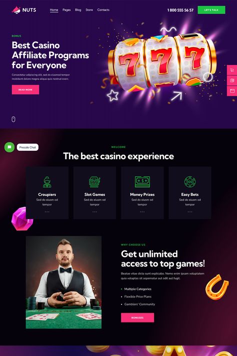 Nuts is a splendid online presentation for a casino, croupier, roulette, slot games, and sports betting. In general, the theme may be used for any betting website or online poker or any card games. Casino Website Design, Betting Website, Casino Promotion, Online Presentation, Gambling Games, Website Redesign, Fantasy Sports, Online Casino Games, Best Online Casino