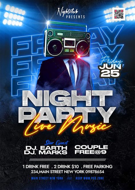 Friday Night Live Music Party Flyer PSD - PSD Zone Concert Promotion Ideas, Dj Party Flyer Design, Party Ads Design, Dj Event Poster Design, Party Creative Ads, Party Poster Design Ideas, Dj Night Poster, Live Music Poster Design, Party Poster Ideas