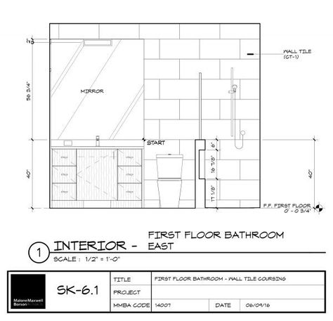 Cabin Wall Tile Coursing East Elevation Life Of An Architect, Drawing Room Interior, Rest Room, Bathroom Dimensions, Elevation Plan, Elevation Drawing, Tile Layout, Bathroom Floor Plans, Interior Architecture Drawing