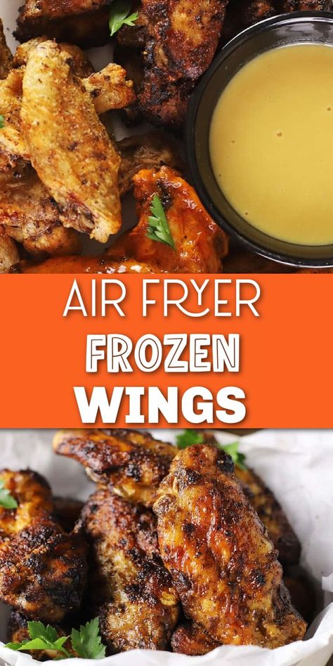 Baked chicken wings with Pinterest overlay. Air Fryer Frozen Wings, Air Fryer Chicken Wings Frozen, Air Fryer Frozen Chicken Wings, Chicken Wings In Air Fryer, Wings In Air Fryer, Wings In The Air Fryer, Breaded Wings, Breaded Chicken Wings, Oven Chicken Wings