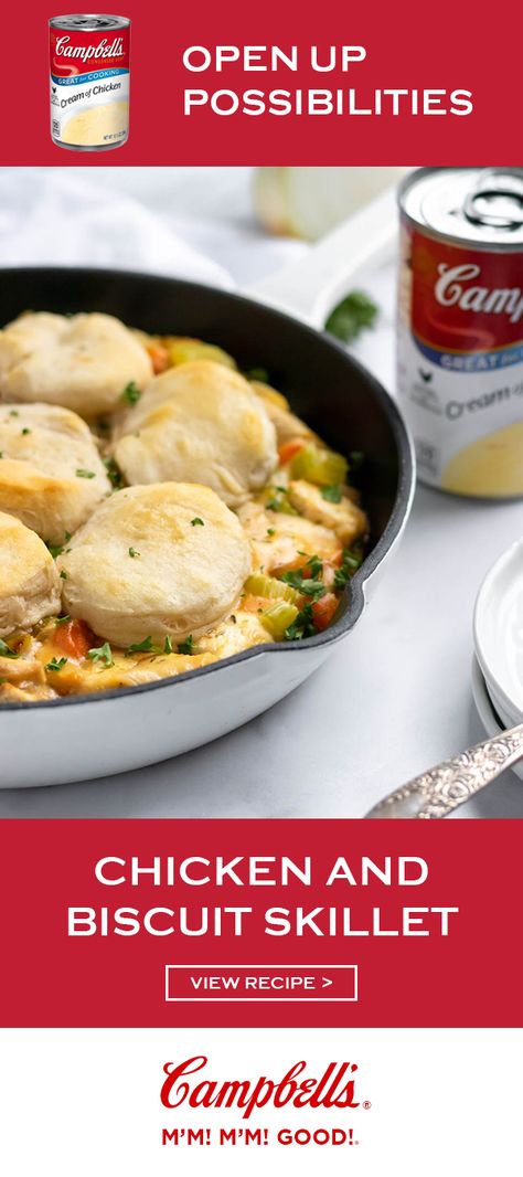 When you think of comfort food, Campbell's® Condensed Cream of Chicken Soup is sure to come to mind. And when it's featured in this recipe for Chicken and Biscuit Skillet Dinner, you can serve up a dinnertime classic for your family in no time—just 30 minutes! Click to learn how with the full recipe. Chicken And Biscuits With Cream Of Chicken Soup, Chicken Pot Pie With Campbells Soup, Campbells Cream Of Chicken Soup Recipes, Cambell Recipes Cream Of Chicken, Campbells Cream Of Chicken Recipes, Cambell Recipes, Cream Of Chicken Soup Recipes Dinners, Campbells Soup Recipes Chicken, Campbells Chicken Pot Pie