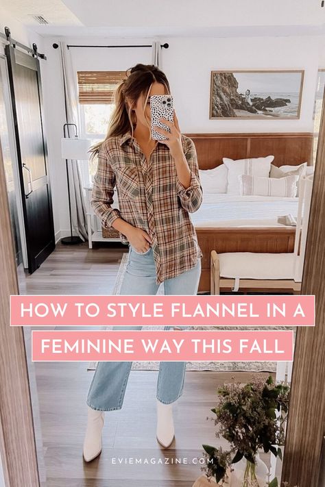 Feminine flannel outfits to try this fall! Feminine Flannel Outfit, Styling Flannel Shirts Women, How To Style Flannel Shirt Women, Flannel Outfits For Women Fall, How To Style Flannel Shirt, Flannel Outfits For Women, How To Style Flannel, How To Style A Flannel, Styling A Flannel