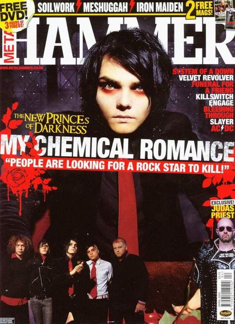 My Chemical Romance on the cover of Hammer magazine Mcr Magazine Cover, Mcr Magazine, Mcr Poster, Revenge Pictures, My Chemical Romance Poster, Pale Man, 2000s Magazines, Killswitch Engage, 2000s Emo