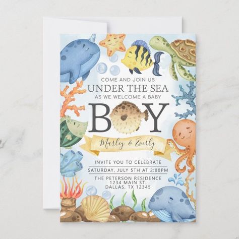 Modern Spring Baby Shower Inviation - Boy Invitation Sea Baby Shower Theme, Ocean Baby Shower Theme, Turtle Baby Shower, Classy Baby Shower, Surprise Baby Shower, Animal Baby Shower Theme, Baby Bash, Gender Reveal Party Theme, Sea Baby Shower