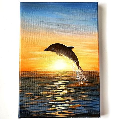 Paintings Of Dolphins, Dolphin Painting Ideas, Painting A Dolphin, Sea Animals Painting, Dolphin Painting Easy, Sea Animal Paintings, Sunset At Sea Painting, Acrylic Animal Paintings, Dolphin Art Painting