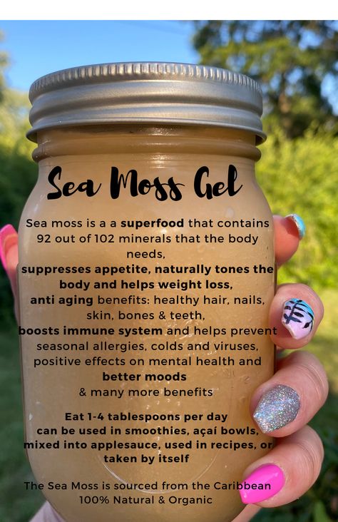 Sea Moss Gel has so many benefits! Get your health in check this summer and order a jar today! Sea Moss For Skin, Benefits Of Seamoss Gel, Sea Moss Mask, How To Use Sea Moss, Diy Sea Moss Gel, Sea Moss Smoothie Recipes, Sea Moss Gel Benefits For Women, Seamoss Gel Benefits, Seamoss Drinks