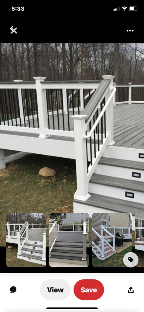 Deck Update On A Budget, Front Porch Stone Steps, Front Porch Stone, Grey Deck, Outdoor Makeover, Ranch House Remodel, Gray House Exterior, Deck Railing Design, Deck Colors