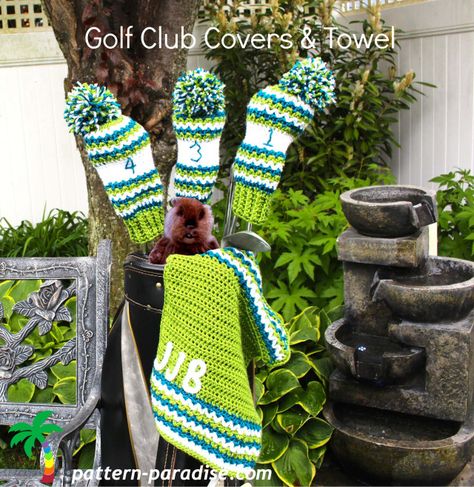 Golf club covers and matching towel. Perfect gift for your favorite golfere. #crochet #golf #freepatterns #patternparadise Crochet Golf Club Covers, Crochet Golf Club, Knit Golf Club Covers, Crochet For Men, Best Golf Clubs, Golf Club Head Covers, Golf Club Covers, Golf Stuff, Crochet Hat Free