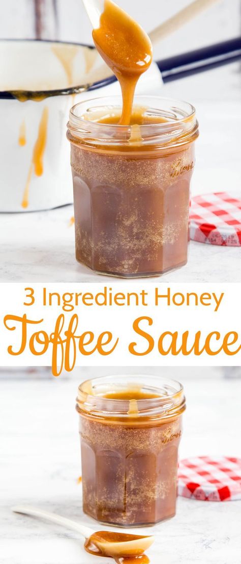 Delicious, indulgent and easy three ingredient caramel toffee sauce with honey recipe will become a staple. Enjoy it in so many ways, or just spoon it from the jar. Toffee Sauce Recipe, Caramel Sauces, Toffee Cookie Recipe, How To Make Toffee, Condiments Recipes, Easy Toffee, Ic Diet, Honey Dessert, Homemade Toffee