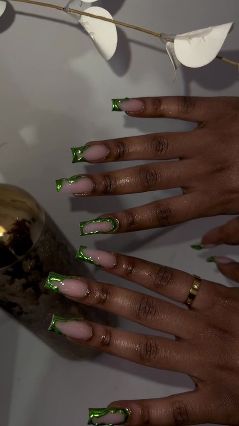 Green And Gold Nail Inspo Acrylic, Green Sets Nails, Green French Tip With Design, Ivory Green Nails, Short Acrylic Nails Emerald Green, Gold And Green Prom Nails, Unique Green Nails, Tiana Themed Nails, Taurus Nails Birthday