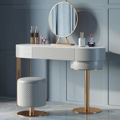 Modern Blue Makeup Vanity Set Retracted Dressing Table 5 Drawers Cabinet & Stool & Mirror Included in Small Dresser Chair, Grey Dressing Table, Modern Dressing Table, White Makeup Vanity, Modern Makeup Vanity, Organize Jewelry, Modern Makeup, Makeup Vanity Set, Mirror Stool