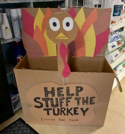 Turkey Donation Box Ideas, Fall Resident Event Ideas, Student Council Thanksgiving Ideas, Thanksgiving Fundraiser Ideas For School, Fall Work Event Ideas, Food Drive Box Decoration Ideas, November Service Projects, Turkey Food Drive Box Ideas, Thanksgiving Pto Ideas