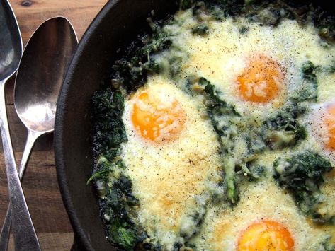 Poached Eggs in Spinach Recipe and Nutrition - Eat This Much Eggs And Spinach, Egg And Spinach, Petite Kitchen, Menu Sarapan Sehat, Garlic Spinach, Spinach Recipe, Poached Egg, Fried Eggs, Breakfast Brunch Recipes