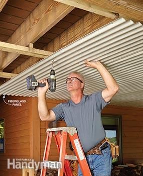 Inexpensive roof panels keep it dry down below Under Deck Roofing, Under Deck Drainage System, Deck Ceiling, Under Deck Ceiling, Under Deck Drainage, Under Deck Storage, Patio Under Decks, Deck Roof, Second Story Deck