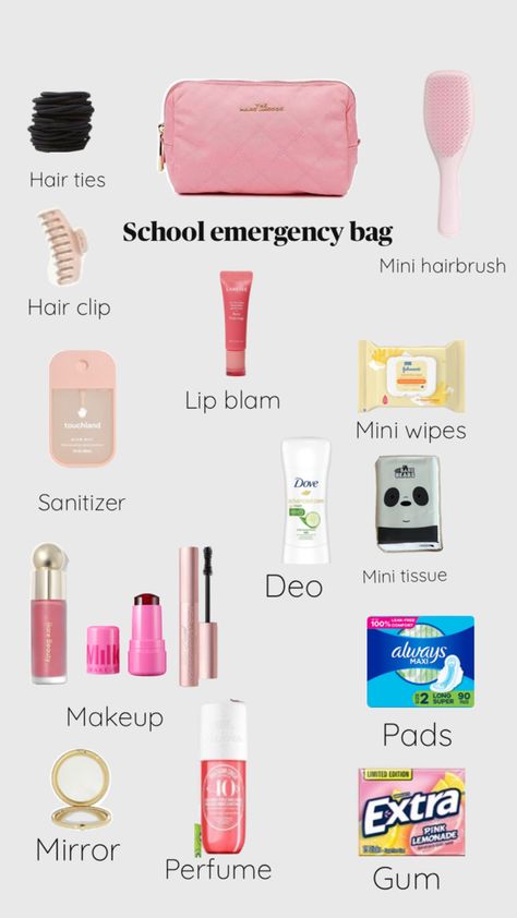 An example of an school emergency bag for girls😘💖✨ Emergency Kit For School Period, What To Put In Your School Bag Grade 6, Emergency Kit For School 7th Grade, Girl Bag Essentials For School, That Girl School Bag Essentials, Things To Put In School Bag, School Emergency Kit Essentials, School Bag Needs, School Pouch Essentials