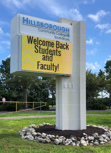 School signs provide the essential means of communication between your school and its community. Use your LED sign to welcome back students and staff, make announcements, encourage school pride, and so much more! #StewartSigns #Signage #LED #SignCompany #school #marquee #electronic #SchoolSigns #college #signprojects #projects #Florida #digital #displays School Signage, Monument Signs, Means Of Communication, Marquee Sign, Sign Company, Sign Post, School Pride, School Signs, Led Sign