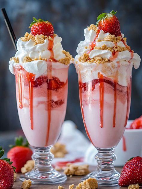 Strawberry Cheesecake Milkshake 🥛  🥛 Ingredients  Optional Decoration: Homemade Strawberry Sauce (optional, but recommended for extra flavor) For the Cheesecake Milkshake: 4 cups (8 scoops) vanilla ice cream, softened 🍨 ½ of a (6-inch) store-bought cheesecake, cut into pieces (preferably strawberry swirl cheesecake) 🍰 ¼ cup graham cracker crumbs 🍪 ¼ cup cooled strawberry sauce (optional forstrawberry flavor) 🍓 For the Cream Cheese Whipped Cream: 4 oz cream cheese, softened to room temper. Strawberry Cheesecake Milkshake, Cheesecake Milkshake, Cream Cheese Whipped Cream, Strawberry Swirl Cheesecake, Homemade Strawberry Sauce, Swirl Cheesecake, Baked Strawberries, Strawberry Sauce, Strawberry Milkshake