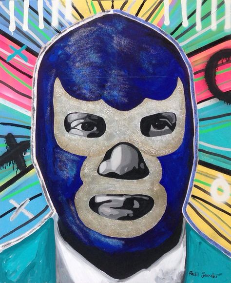 Art, Mexico, Lucha libre, Blue Demon by Paola Gonzalez, mexican art Blue Demon Art, Blue Demon Luchador, Lucha Libre Party, Mexican Graphic Design, Wrestling Posters, Blue Demon, Aztec Art, Sugar Skull Art, Mexican Culture