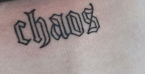 Old English Chest Tattoo, Old English Word Tattoo, Disaster Tattoo, Word Neck Tattoos, Punk Tattoo Ideas, Tattoos 2022, Chaos Tattoo, Patchwork Tattoos, Jean Ideas