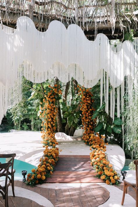 Inside Vanessa Hudgens and Cole Tucker’s Wedding in the Heart of the Mayan Jungle | Vogue Marigold Wedding Decor, Vanessa Hudgens Wedding, Rustic Wedding Aisle Decor, Rustic Wedding Aisle, Eloping Wedding, Marigold Wedding, Barnyard Wedding, Wedding Aisle Decor, Girl General