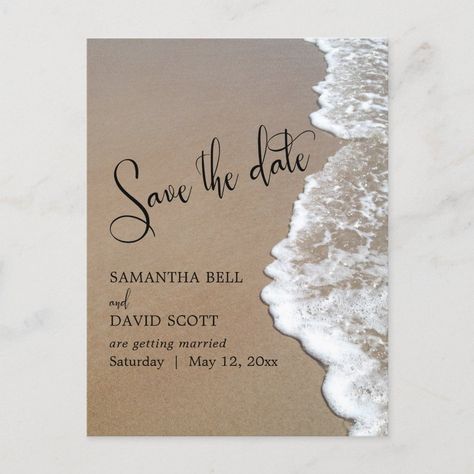 Sand & Foam Beach Wedding Save the Date Announcement Postcard | #beachphoto #sandandsurf #foamywater #sandandfoam #oceansideweddingceremony #beautifulweddingtypography #elegantbeachmarriageinvite #subtlebeachscene #coastalweddingdesign #coastalphotography Sand Foam, Spring Beach Wedding, Beach Wedding Save The Date, Small Beach Weddings, Beach Invitations, Diy Beach Wedding, Dream Beach Wedding, Beachy Wedding, Beach Wedding Reception