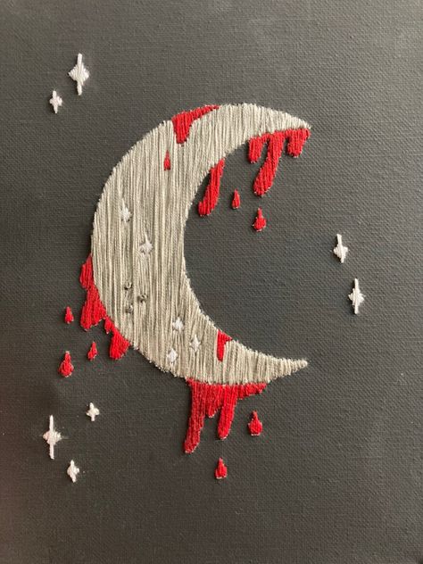 Grey Crescent moon embroidery with red blood dripping from it and silver stars on a black canvas. Blood Embroidery, Vampire Embroidery, Emo Embroidery, Mollymauk Cosplay, Alternative Embroidery, Embroidery Goth, Grunge Embroidery, Crescent Moon Embroidery, Goth Embroidery