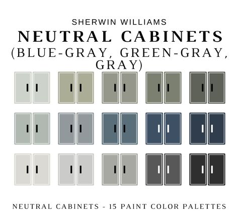 The PDF contains EVERYTHING you need to KNOW about Sherwin Williams NEUTRAL KITCHEN CABINET, BATHROOM VANITY, or BUILT-IN SHELVES Paint Colors! It includes a list of 15 complementary Sherwin Williams NEUTRAL CABINET Paint Colors (green-gray, blue-gray, navy blue, gray, black) that will best work in a home. This is a PREPACKAGED Color Palette Selection Listing that includes the Sherwin Williams complementary color recommendations of those cabinets with respect to HARDWARE options, BACKSPLASH TILE Blue Counters In Kitchen, Two Tone Kitchen Cabinets Black Hardware, Boothbay Gray Sherwin Williams, Mitch Cabinet Colors, Sage Blue Kitchen Cabinets, Green Colored Kitchen Cabinets, Analytical Gray Cabinets, Sage Color Cabinets Kitchen, Best Grey Cabinet Paint Colors