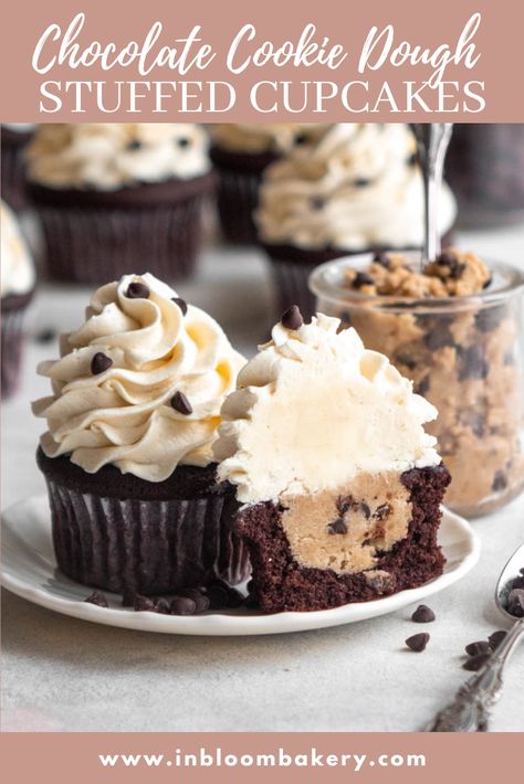 Cookie Dough Stuffed Cupcakes, Cupcakes Stuffed, Stuffed Cupcakes, Edible Chocolate Chip Cookie Dough, Bloom Bakery, Cookie Dough Cupcakes, Chocolate Cookie Dough, Cupcake Recipes Chocolate, Gourmet Cupcakes