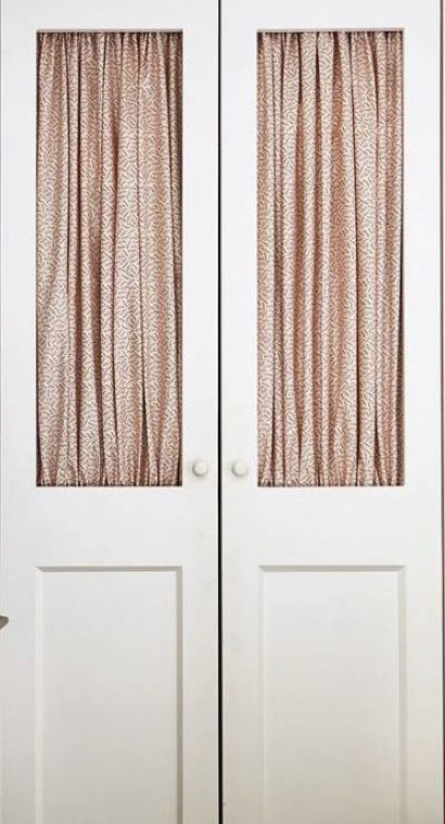 Fabric Lined Cabinets, Cabinet With Fabric Doors, Wardrobe On Landing, Wallpapered Walk In Closet, Fabric Panel Closet Doors, Fabric Cupboard Doors, Linen Cupboard Doors, Cupboard Doors Ideas, Fabric Closet Doors