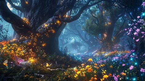 Enchanted Forest Glade: A mystical forest glade awash with bioluminescent flowers and butterflies under ancient, towering trees. #enchanted #forest #glade #bioluminescent #flowers #aiart #aiphoto #stockcake ⬇️ Download and 📝 Prompt 👉 https://ayr.app/l/5qD8 Enchanted Forest Desktop Wallpaper, Bioluminescent Flowers, Forest Glade, Forest Background, Mystical Forest, Flowers And Butterflies, Macbook Wallpaper, Enchanted Forest, Creative Words