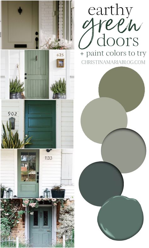 A green front door can be a beautiful way to welcome guests to your home. Here’s some of the best green paint colors to sample and beautiful inspiration images for your exterior design dreaming! Front House Exterior Ideas, Exterior Sage Green Paint Colors, Green And White Cottage Exterior, Green Front Door Stone House, Sage Green French Doors, Gray Green House Paint Exterior, Green Door Beige House, Painted Front Door On Brick House, Craftsman Front Door Color