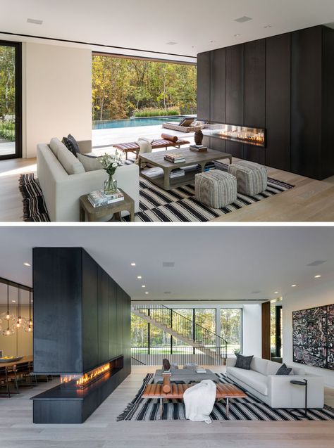 In this modern living room, the furniture is positioned to take advantage of the backyard view and the three-sided fireplace that's clad in blackened steel. #ModernLivingRoom #BlackSteelFireplace #Fireplace New Modern House, Southampton New York, Dream Furniture, Built In Desk, Fireplace Design, Home Design Decor, Home Room Design, Simple House, Southampton