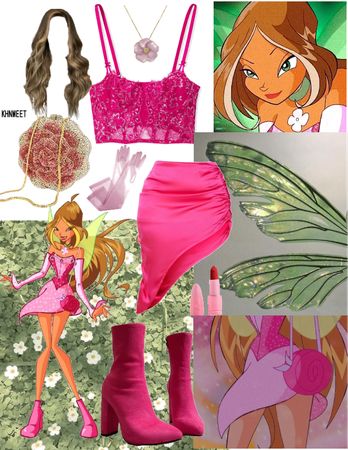 Group Halloween Costumes Winx Club, Pink Winx Fairy Costume, Flora Winx Fairy Costume, Winx Halloween Costume Group, Flora Fairy Costume, Flora Winx Outfit Ideas, Flora Winx Club Outfit Halloween, Flora Winx Club Halloween Costume, Winx Club Outfits Flora