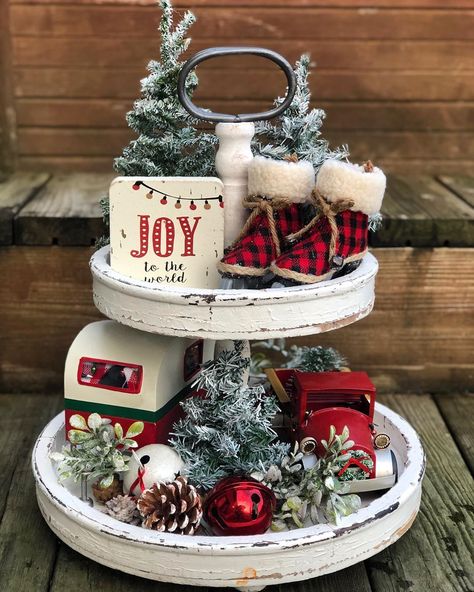 @decorwannabee on Instagram: “Picked up this truck and trailer late in the season last year at Target.  Never thought to use them on a tiered tray. I like. 😜🌲” Christmas 3 Tier Tray Decor, Lazy Susan Christmas Decor Ideas, Two Tier Tray Decor Christmas, Lazy Susan Christmas Decor, Christmas Tiered Tray Ideas, Woodland Christmas Theme, Christmas Signage, Winter Tray, Christmas Tray Decor