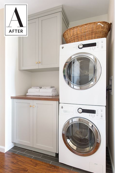 Washer Dryer Laundry Room, Laundry Quotes, Custom Laundry Room, Stacked Laundry Room, Laundry Room Storage Shelves, Small Laundry Room Makeover, Small Laundry Room Organization, Tiny Laundry Rooms, Room Storage Diy