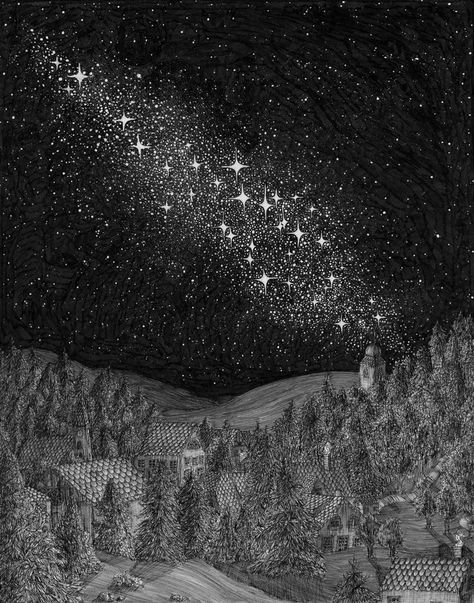 Ink Sky Drawing, Night Sky Pen Drawing, Night Sky Ink Drawing, Intricate Pen Drawings, Ink Creature, Night Sky Constellations, Night Sky Drawing, Cartography Design, Stars Drawing