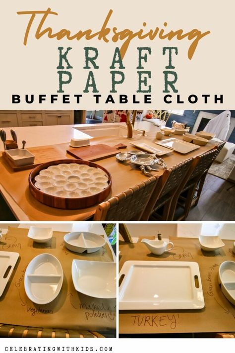 Set up a brown paper tablecloth for your Thanksgiving buffet to add a rustic, charming touch while making cleanup a breeze. This easy and cost-effective solution lets you label dishes creatively and keeps your setup organized, perfect for a stress-free holiday. Thanksgiving Paper Tablecloth, Brown Paper Tablecloth, Thanksgiving Buffet Setup, Thanksgiving Buffet Setup Ideas, Thanksgiving Buffet Table, Thanksgiving Buffet, Thanksgiving Servings, Paper Tablecloth, Thankful Tree