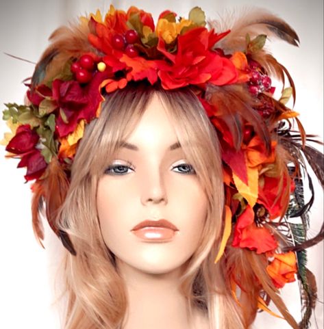 fall headdress fairy Mardi Gras headpiece Queen flower crown thanksgiving sold at pamzylove.com Autumn Headpiece, Mardi Gras Headpiece, Flower Pumpkins, Fall Crown, Autumn Witch, Leaf Crown, Ren Fair, Autumn Fairy, Pumpkin Flower