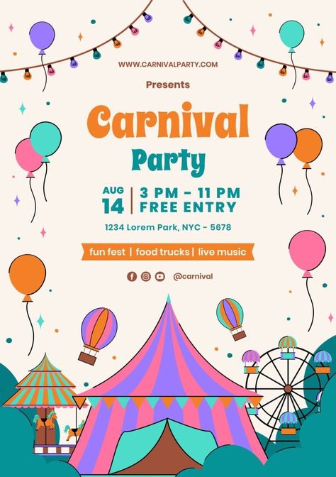 Linear Hand-drawn Carnival Party Fun Fest Invitation Carnival Party Invite, Fun Fair Illustration, Carnival Design Graphic, Fun Fair Poster, Carnival Graphic Design, Carnival Poster Design, Carnival Invitation Template, Festival Template, Poster Tutorial