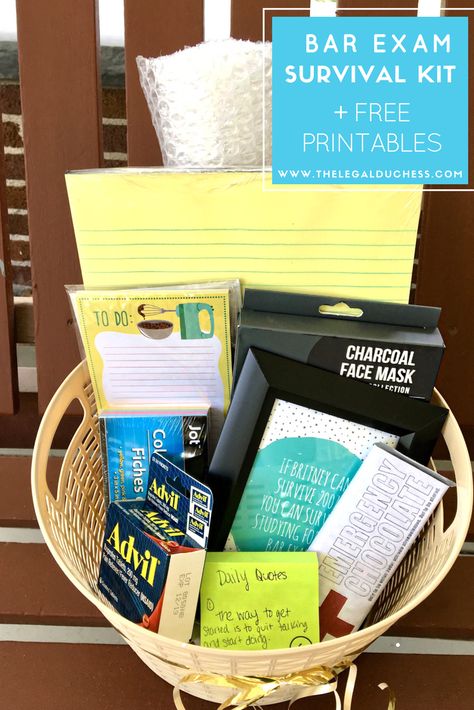 Have a friend studying for the Bar Exam? Make them a little survival basket to help them through. Full list of included items + free printables included! Bar Exam Survival Kit, Exam Survival Kit, Bar Exam Prep, Emergency Chocolate, Exams Gift, Survival Kit Gifts, School Prep, Bar Exam, Hershey Chocolate Bar