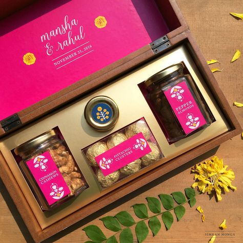 NEW Unique Food Favours To Distribute With Your Wedding Card! | WedMeGood - Best Indian Wedding Blog for Planning & Ideas. Wedding Card Indian, Food Wedding Favors, Diwali Gift Hampers, Indian Wedding Favors, Box Wedding Invitations, Indian Wedding Invitation Cards, Wedding Gifts Packaging, Indian Wedding Cards, Indian Gifts