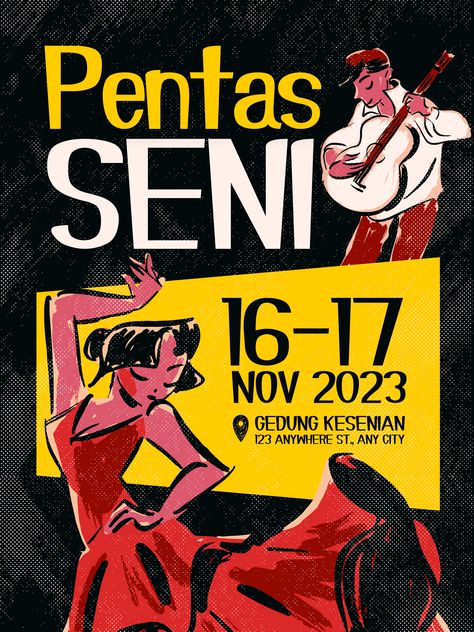 Poster pentas seni ini tersedia di canva website yang mana bisa kalian gunakan untuk acara pentas seni kalian, dan kalian bisa mengeditnya secara mandiri. Pentas Seni, Graphic Shapes Design, Cool Posters, Retro Poster, Presentation, Art Reference, Graphic Design, Canvas, Design