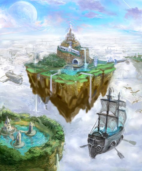 Flying Island Floating Island Reference, Flying Island Art, Floating Island Fantasy Art, Fantasy Landscape Floating Islands, Castle On Floating Island, Flying Island, Sky Islands, Décor Steampunk, Sky Island