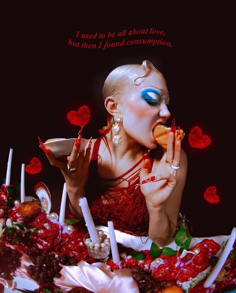 Queen Of Hearts Editorial, Creepy Clown Photoshoot, Valentine’s Day Campaign, Eating Cake With Hands, Valentines Mood Board, Anti Valentines Day Photoshoot, Crazy Photoshoot Ideas, 90s Valentines Aesthetic, Grunge Valentines