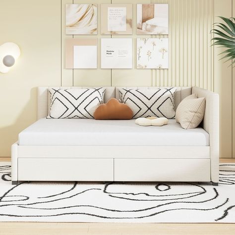 Full Size Upholstered Daybed with 2 Storage Drawers - Bed Bath & Beyond - 39990404 Office With Daybed, Daybed Couch, White Daybed, Guest Bedroom Home Office, Daybed Room, Full Size Daybed, Sofa Bed Frame, Upholstered Daybed, Beds And Headboards