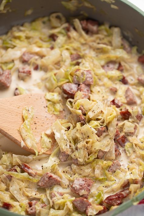 Creamy Sausage And Cabbage, Cabbage Sausage Cream Cheese, Creamed Cabbage And Sausage, Creamy Cabbage And Sausage Recipes, Sausage Cabbage Alfredo, Cabbage Recipes With Sausage, Sausage And Cabbage Skillet, Cabbage Meals, Cabbage And Smoked Sausage