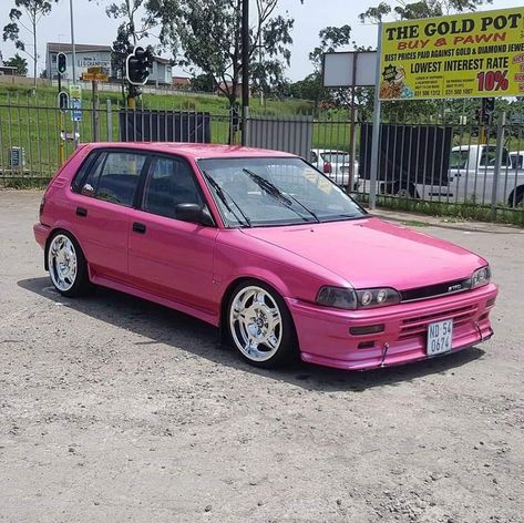 Pink Toyota Corolla, Toyota Tazz, Corolla Twincam, Baby Siting, Stance Cars, Best Jdm Cars, Toyota Cars, Vw Van, Pretty Cars