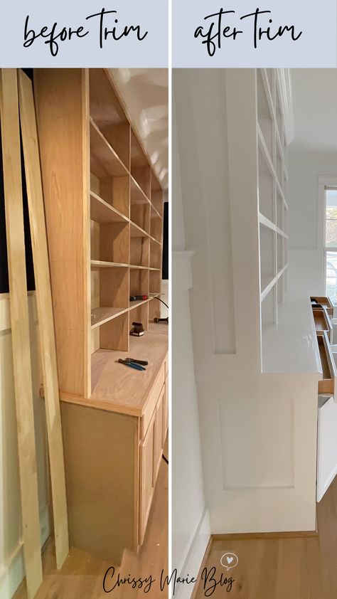 Build Built In Shelves, Shallow Office Built Ins, Plans For Built In Bookshelves, Easy Built In Shelves, Easy Built In Shelves Diy, Trim Around Built In Shelves, Build Your Own Office Cabinets, Diy Custom Built In Cabinets, Plywood Built In Storage