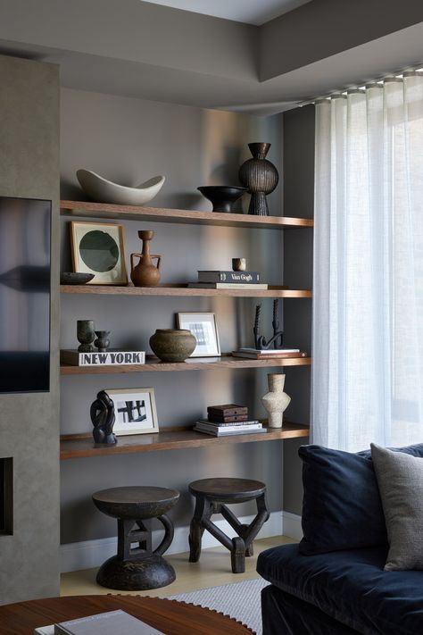 Media Floating Shelves, Black Brown Floating Shelves, Beige Floating Shelves, Stone Floating Shelves, Wall Shelf Built In, Wall Shelves Design Office, Floating Shelves Concrete, Modern Wood Shelves, Floating Shelves Dining Room Wall Modern